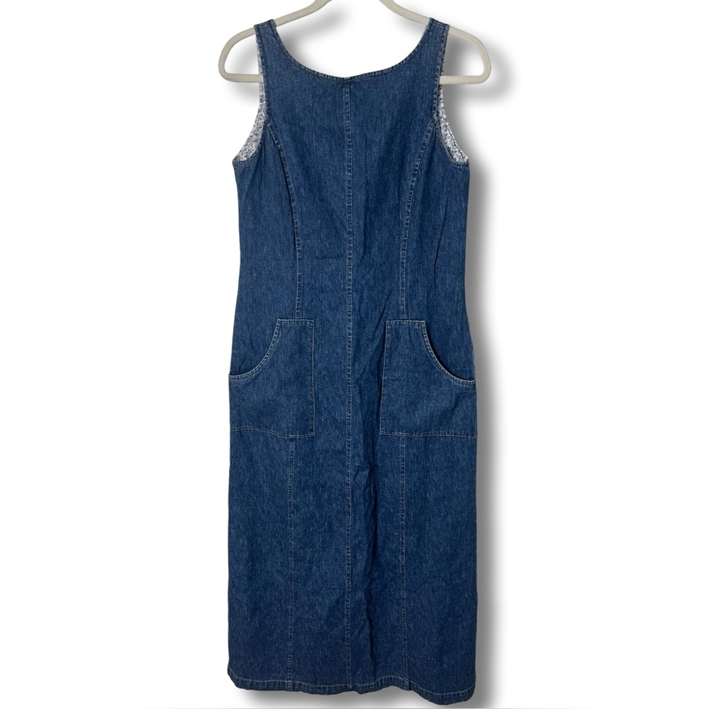 Laura Ashley Vtg 90s Denim Sleeveless Maxi Jumper Dress Floral Lining Sz 8